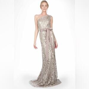 Tadashi Shoji Sequined Lace Paillette One Shoulder Gown in Sand